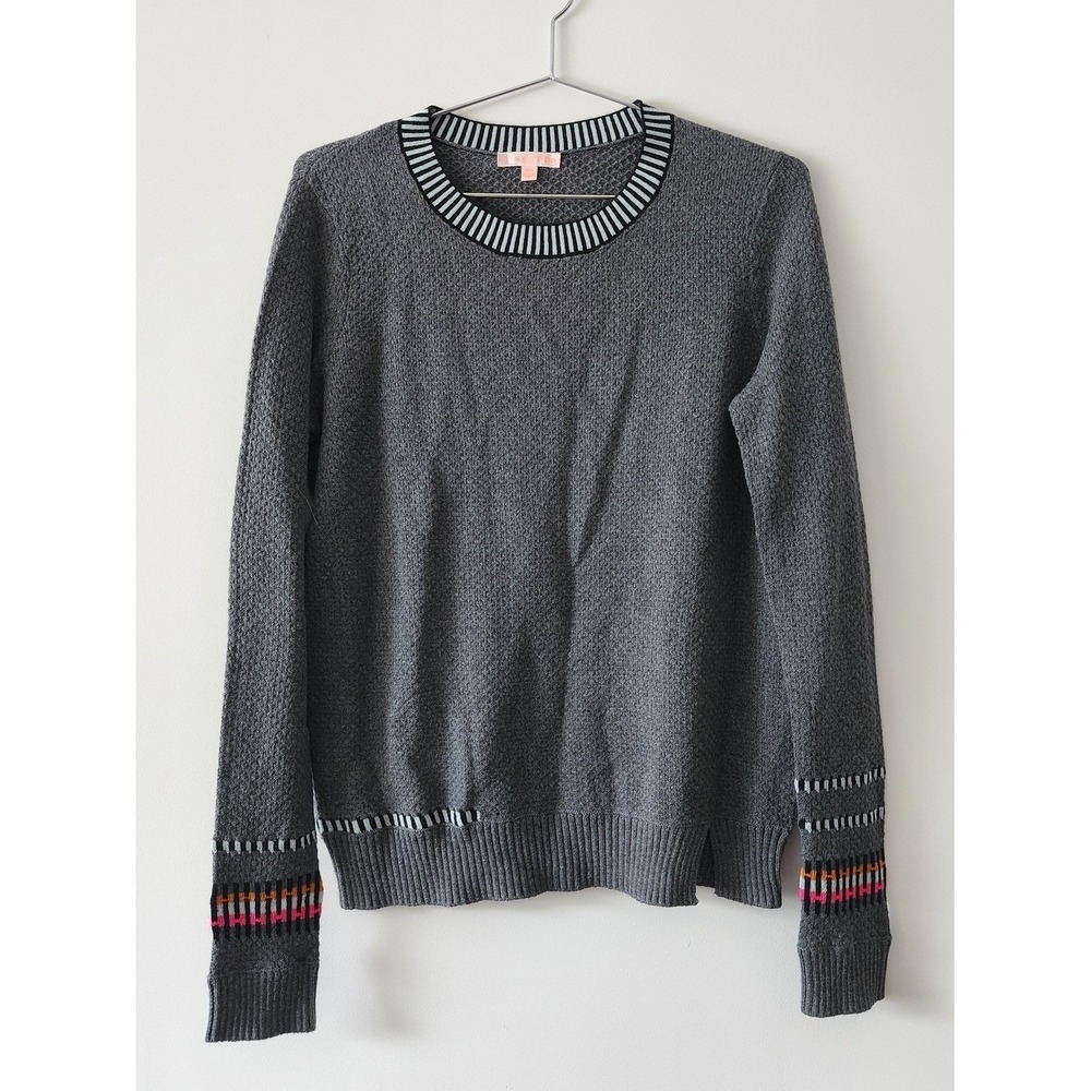 Lisa Todd Sweater Women XS Gray Cotton Cashmere Waffle Knit Striped Trim Casual